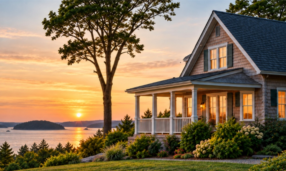 A cedar-shingled coastal home overlooking the water at sunset