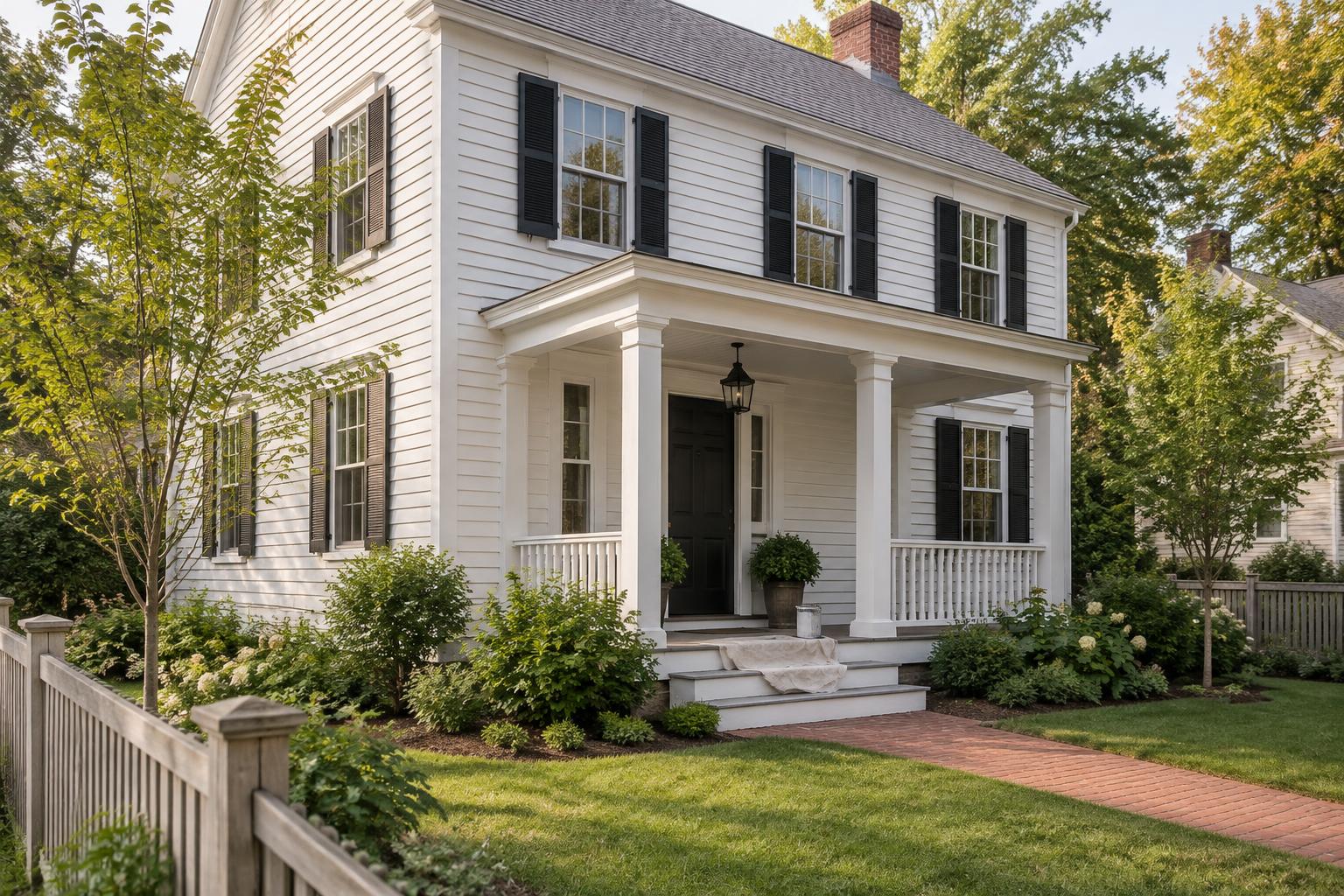 A white clapboard home with a covered porch and a drop cloth resting on the steps