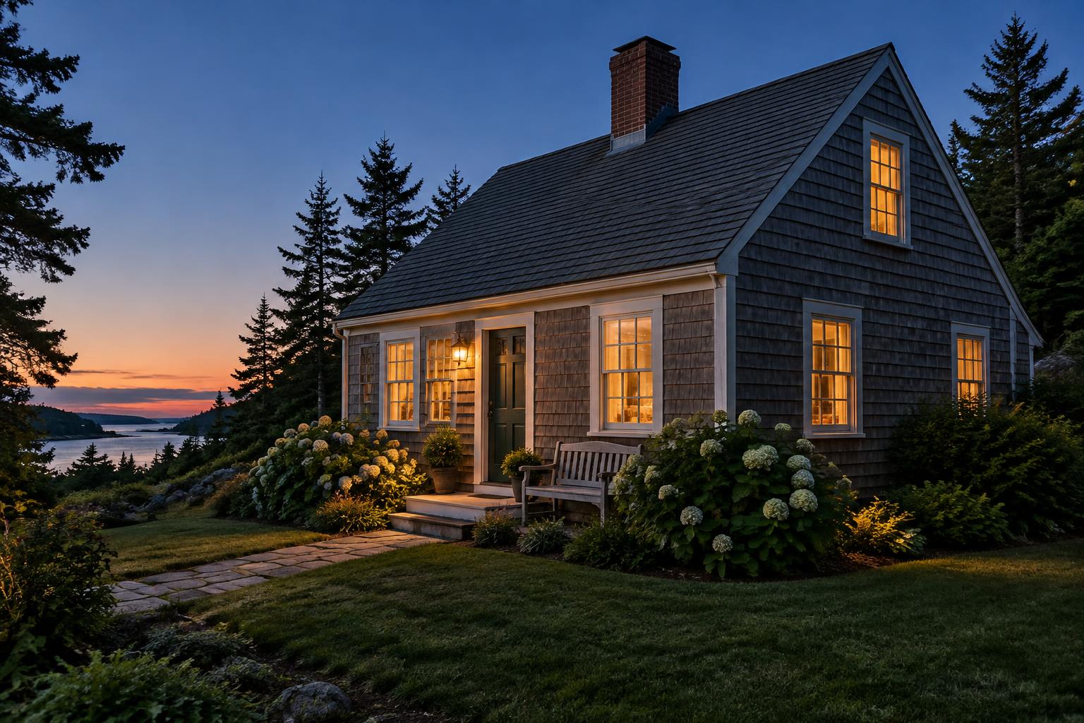 A small Maine cape glowing at dusk, with warm windows and a bench by the walkway