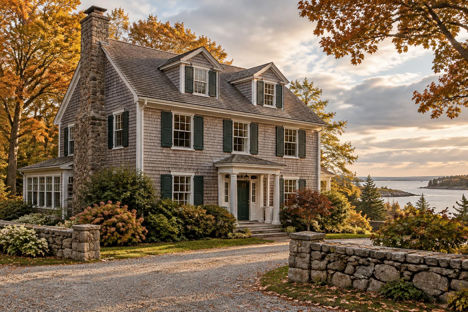 A cedar-shingled coastal home with a stone chimney and green shutters on an autumn afternoon
